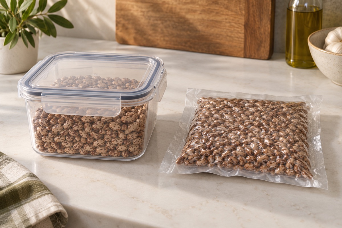 An airtight lidded container next to a flat vacuum-sealed pouch of dry beans on a kitchen counter