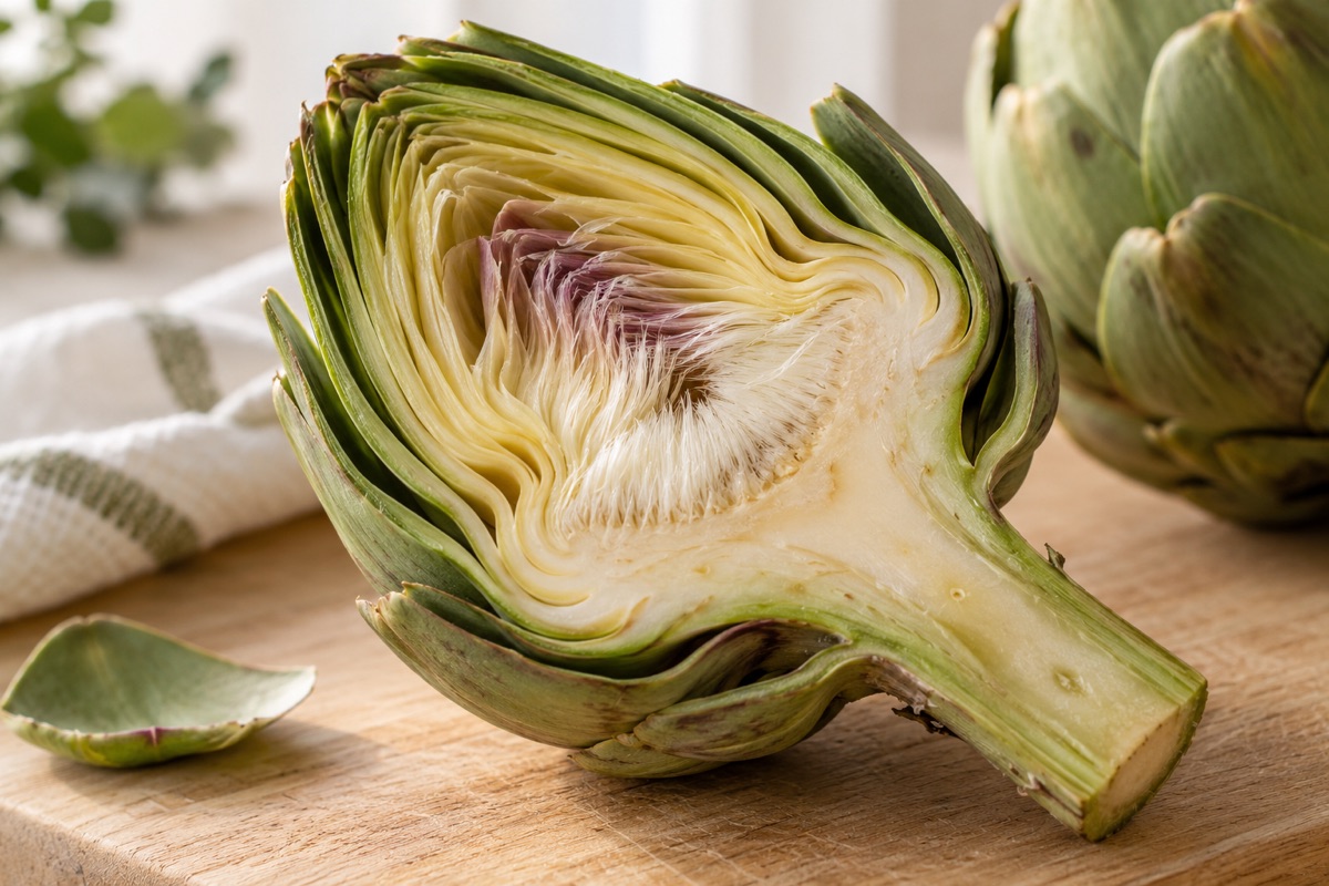 A raw globe artichoke cut in half showing outer leaves, fuzzy choke, heart and stem