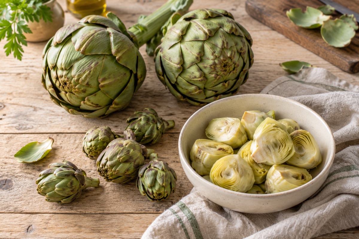 Large globe artichokes, a group of baby artichokes and a bowl of trimmed hearts on a rustic table