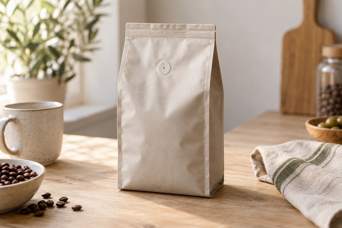 Plain coffee bag with a small round one-way degassing valve on the front panel