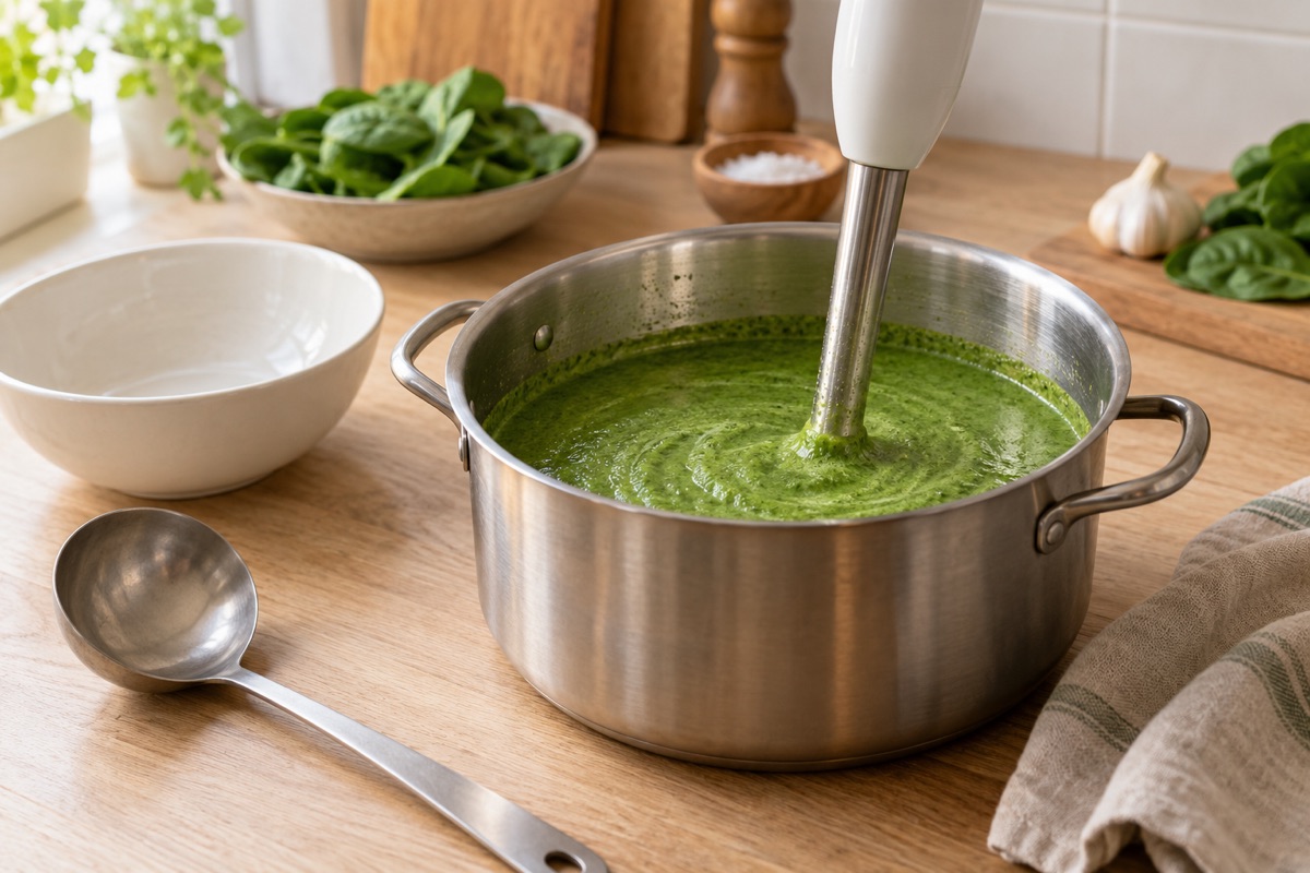 An immersion blender in a pot of bright green puréed spinach soup with a ladle on the counter nearby