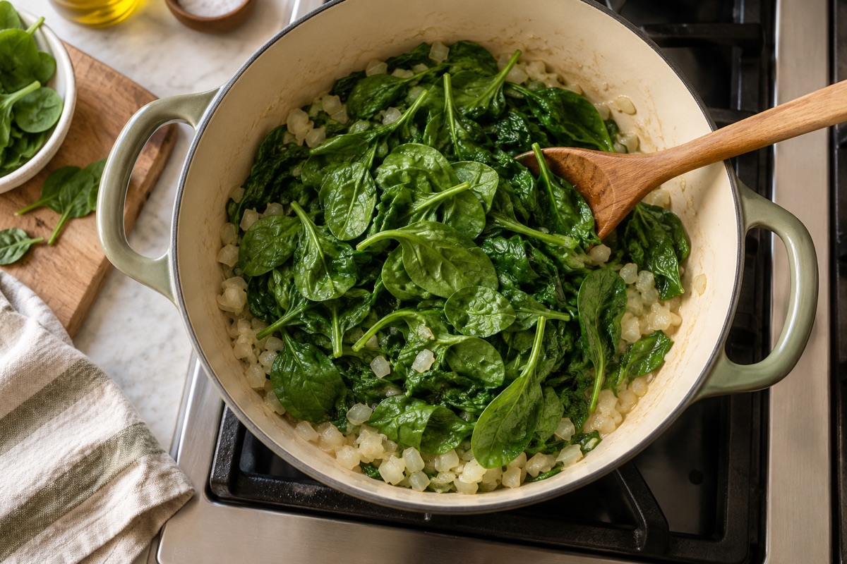 Fresh spinach wilting over softened onion in a wide pot with a wooden spoon on a stovetop