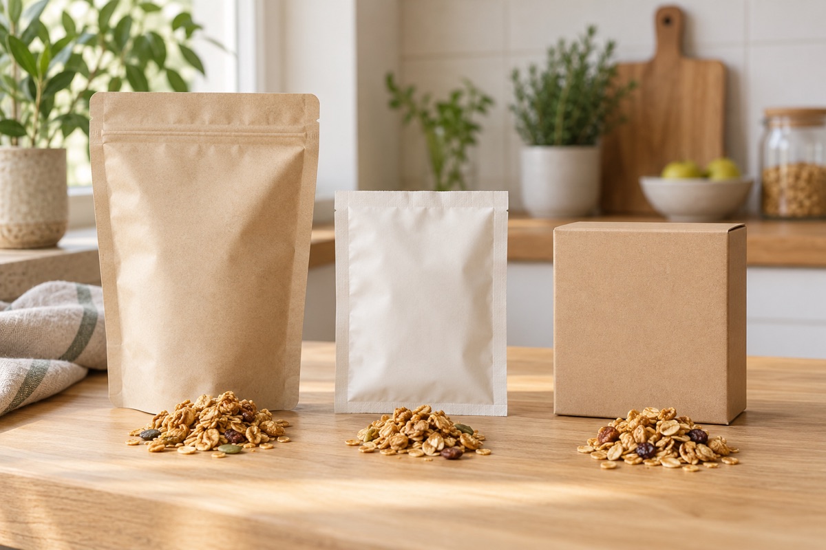 A stand-up pouch, a flat pouch and a small box placed side by side with granola beside each