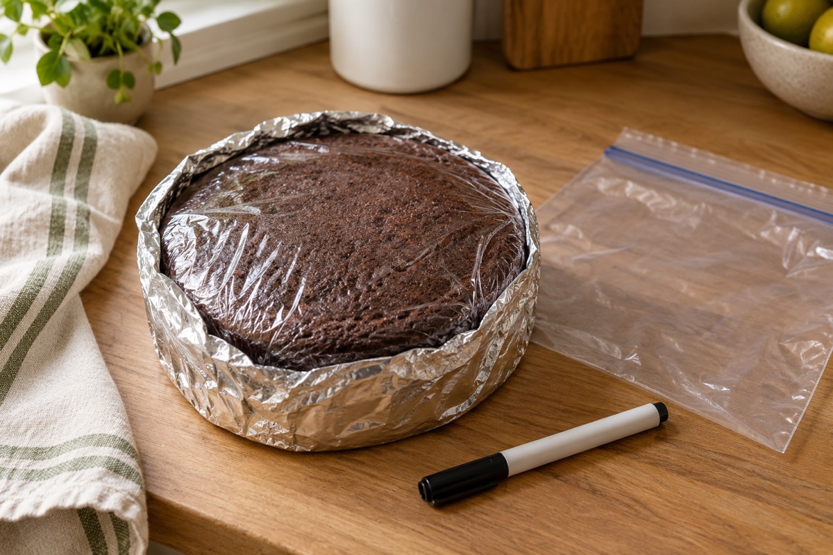 Unfrosted chocolate cake layer wrapped in plastic and foil on a counter beside a freezer bag