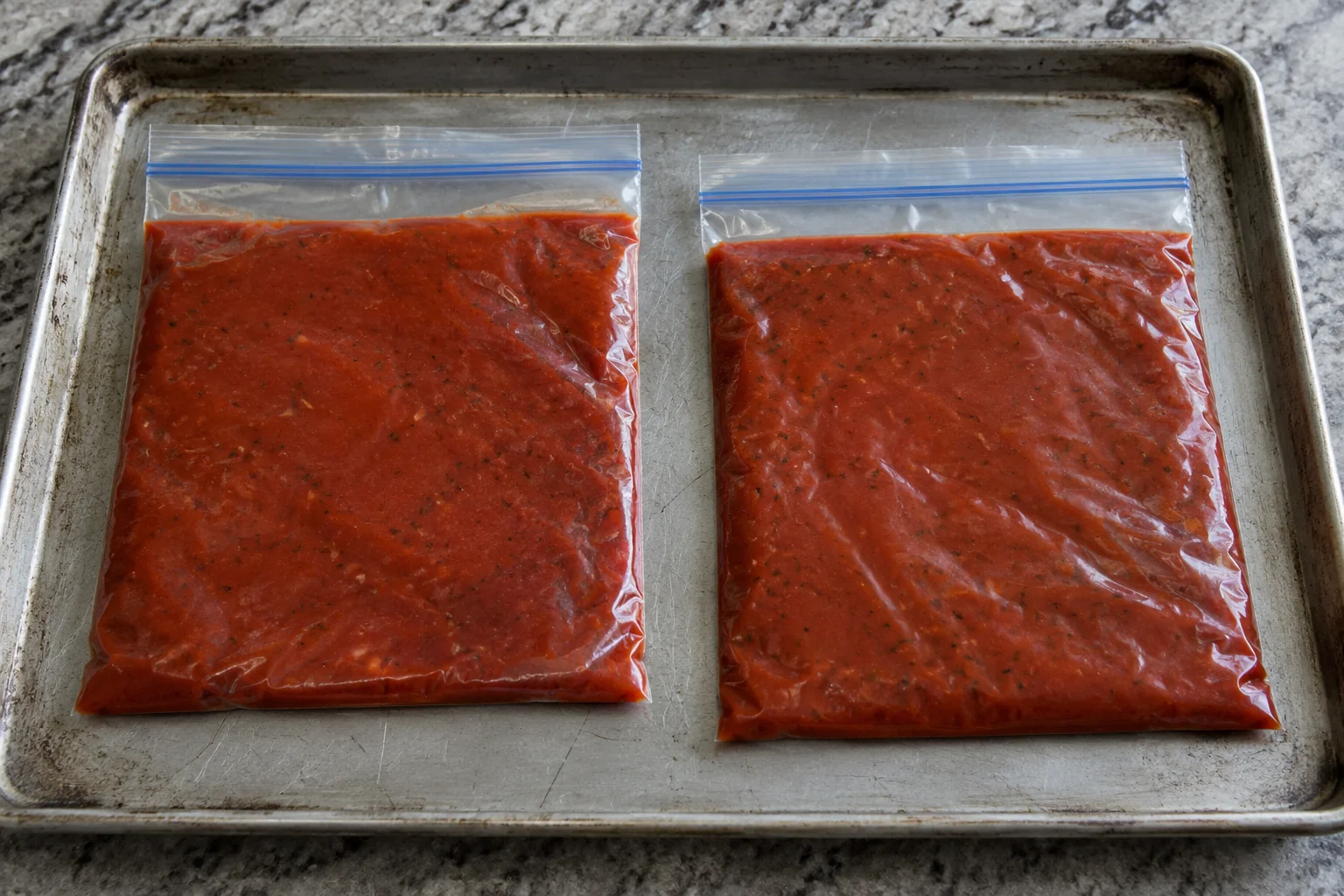 Two sealed zipper bags of red tomato sauce lying flat side by side on a worn metal baking tray