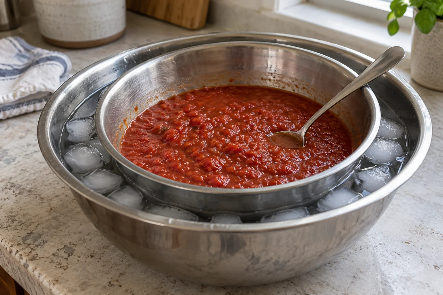 A shallow metal bowl of tomato sauce nested in a larger bowl of ice water with a spoon in the sauce