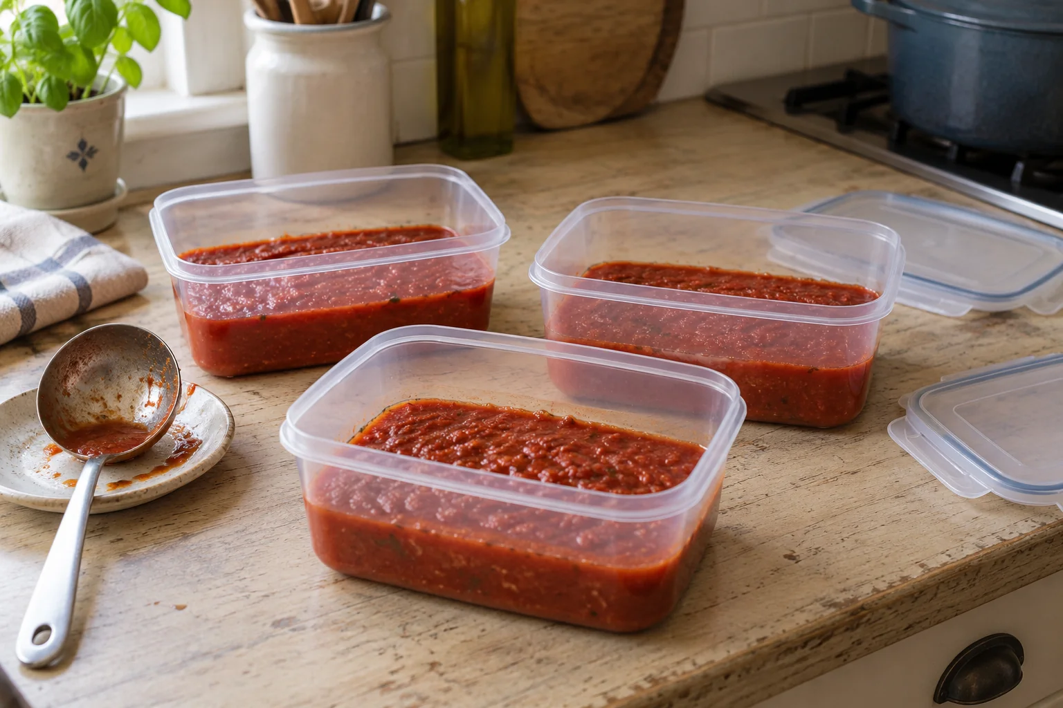 Three shallow containers of red tomato sauce with empty space below the rims and lids beside them