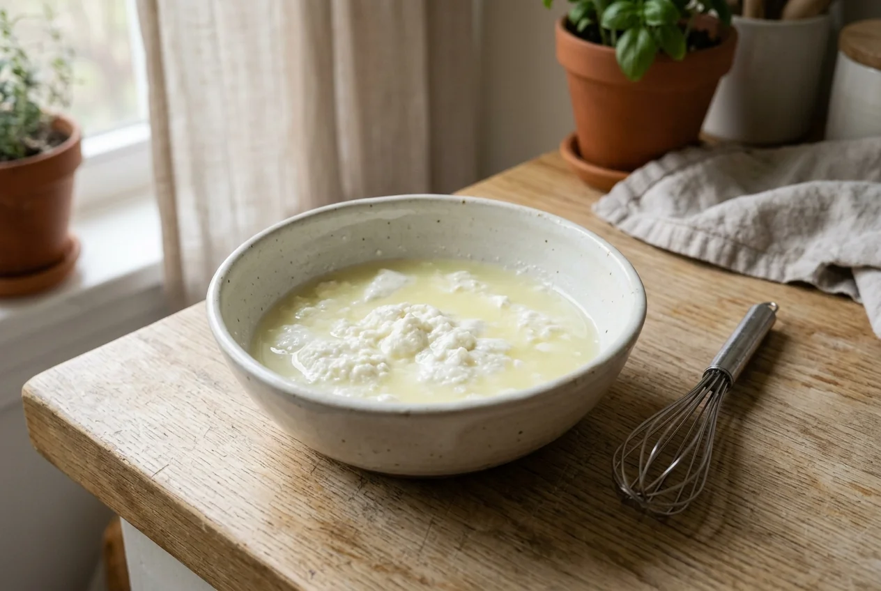 Soft white yogurt curds and pale yellow liquid in a bowl beside a metal whisk