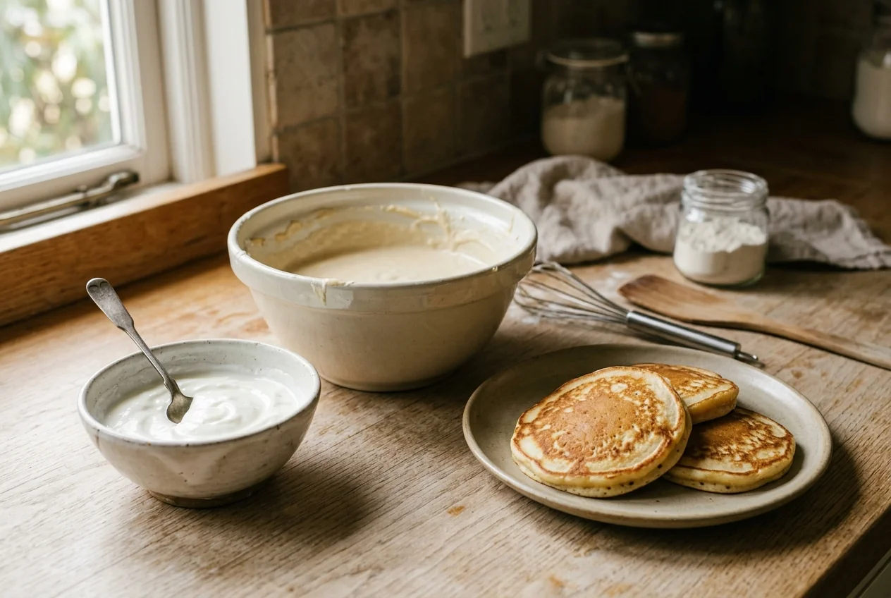 A small bowl of plain yogurt beside pancake batter and a plate of pancakes
