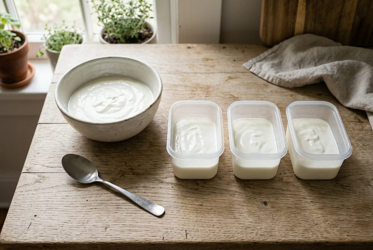 Plain yogurt in a ceramic bowl beside three small containers of yogurt on a wooden worktop