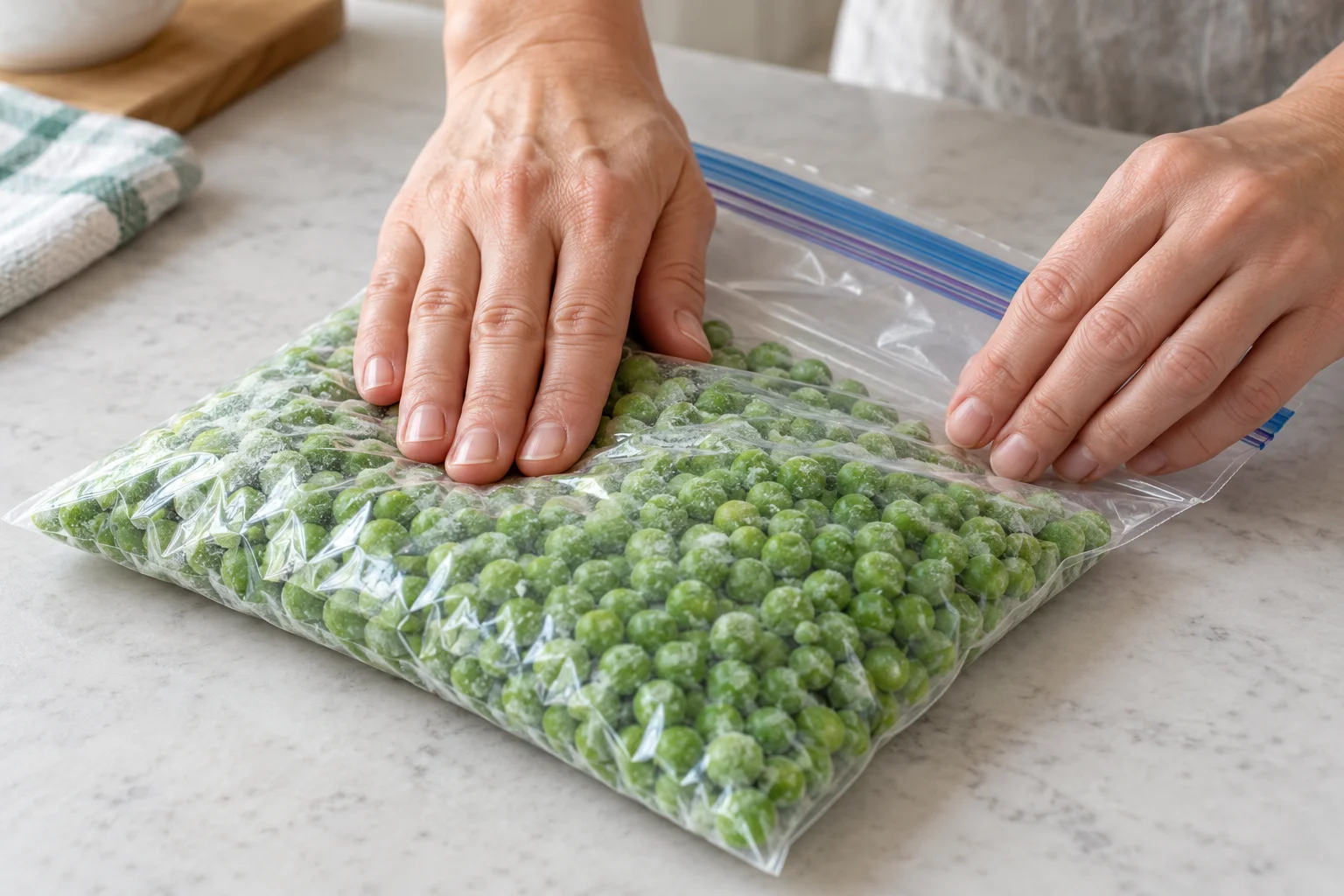 Pressing air out of a freezer bag before closing