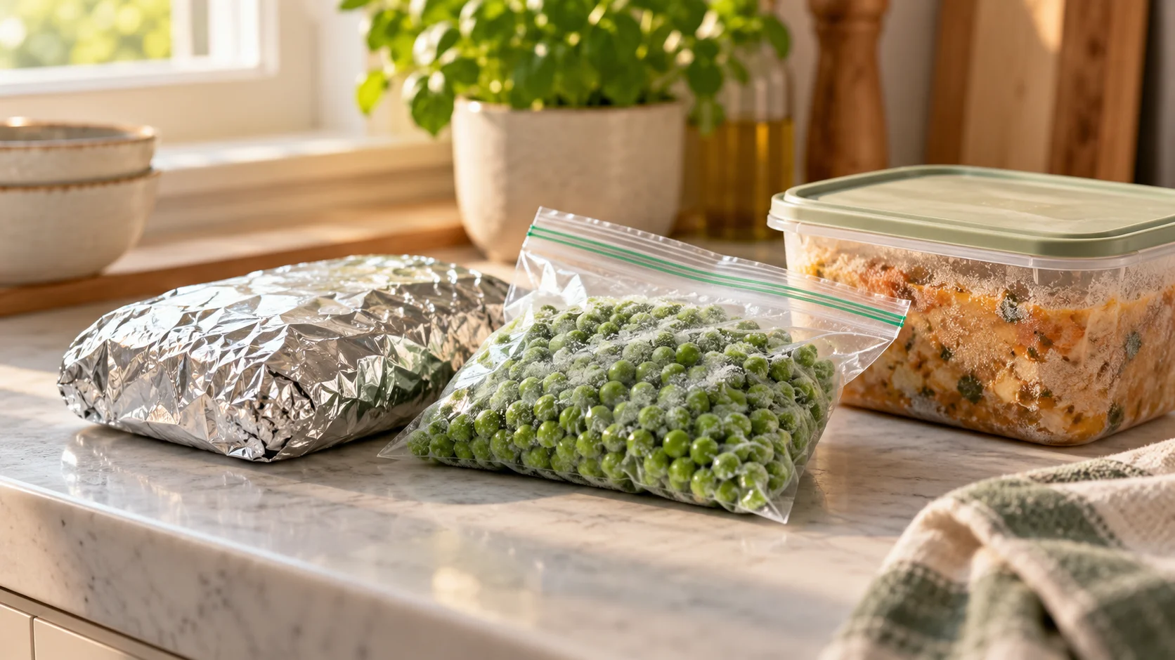 Freezer wrapping and containers on a kitchen counter