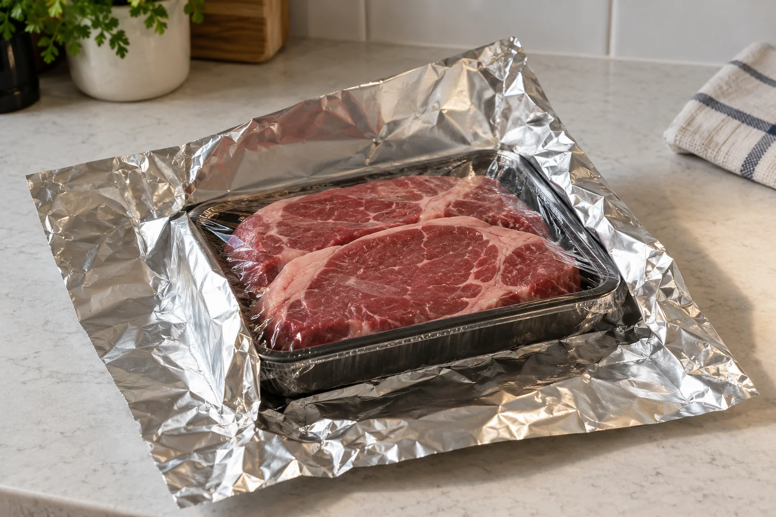 Aluminum foil over porous store wrapping on meat