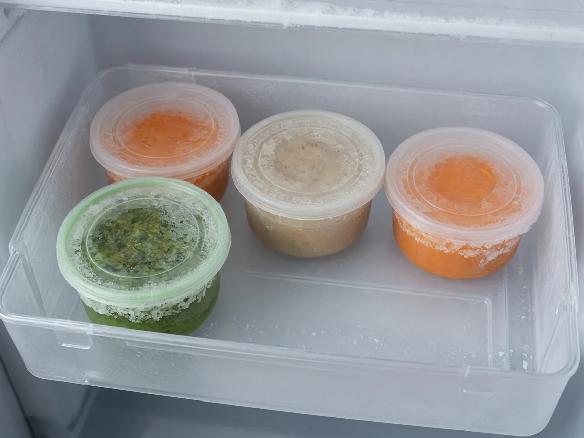 Four lidded containers in a clear plastic bin, with open space beside them