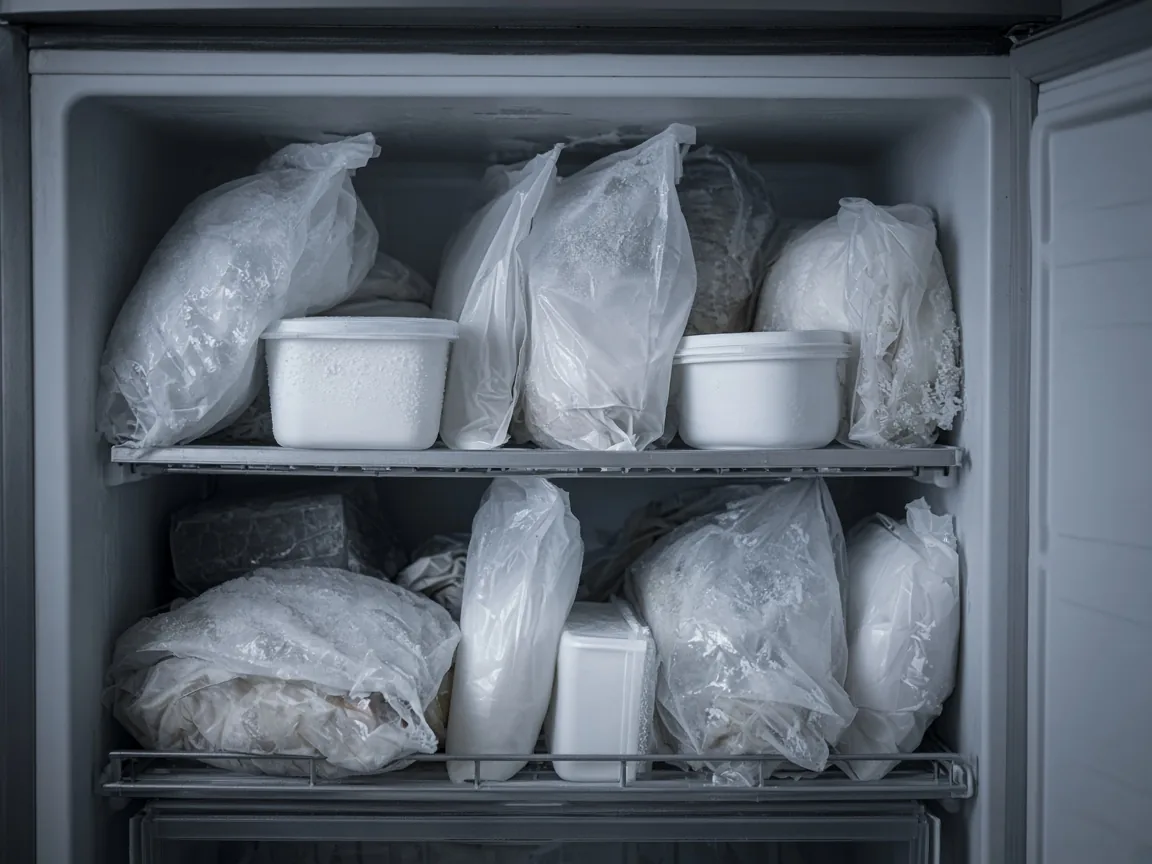 An open freezer with frosted bags and plain containers crowded on two wire shelves