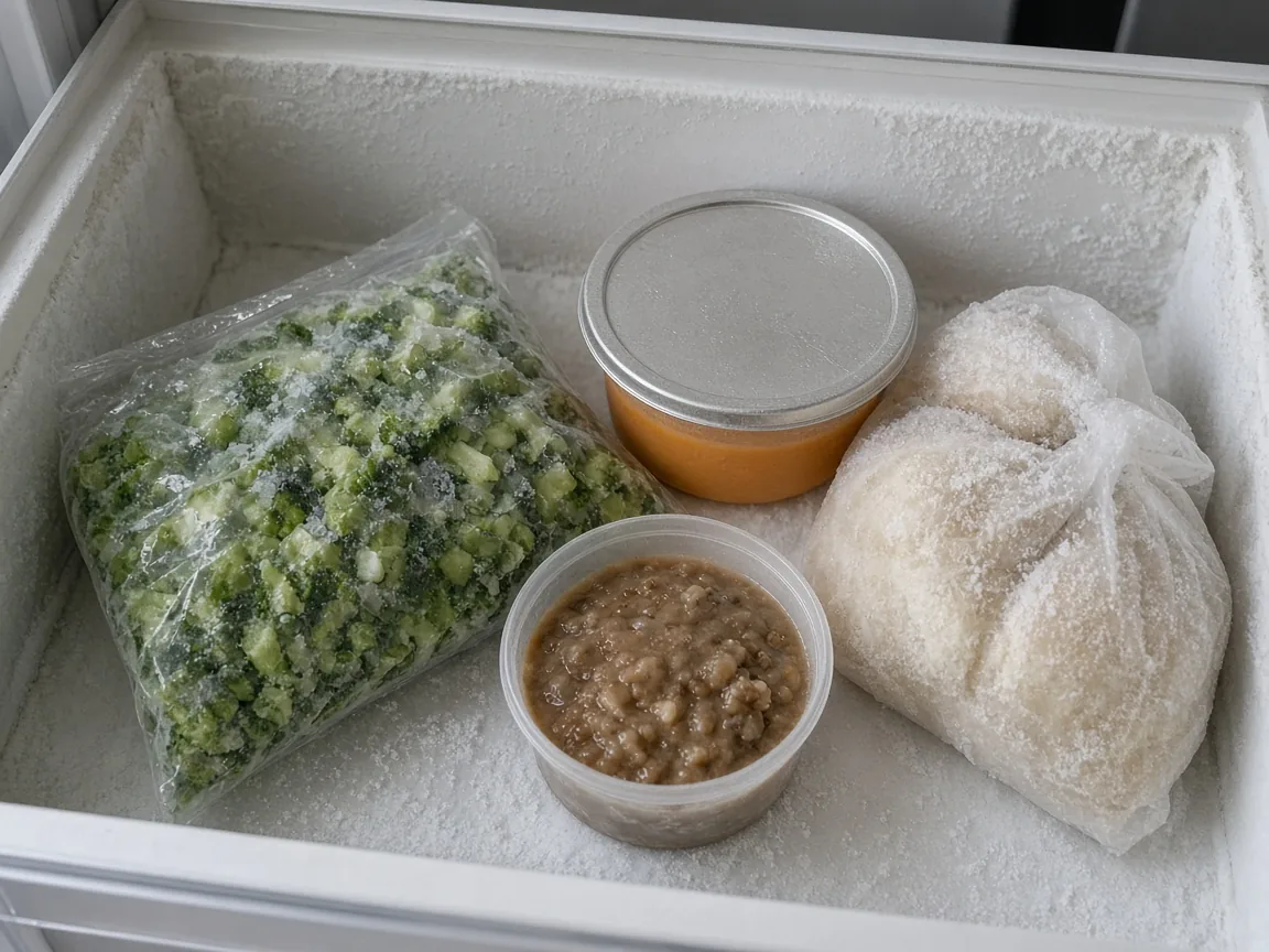 A bag of green vegetables, a lidded container of orange soup, an open container of brown stew, and a frosted bag in a freezer drawer
