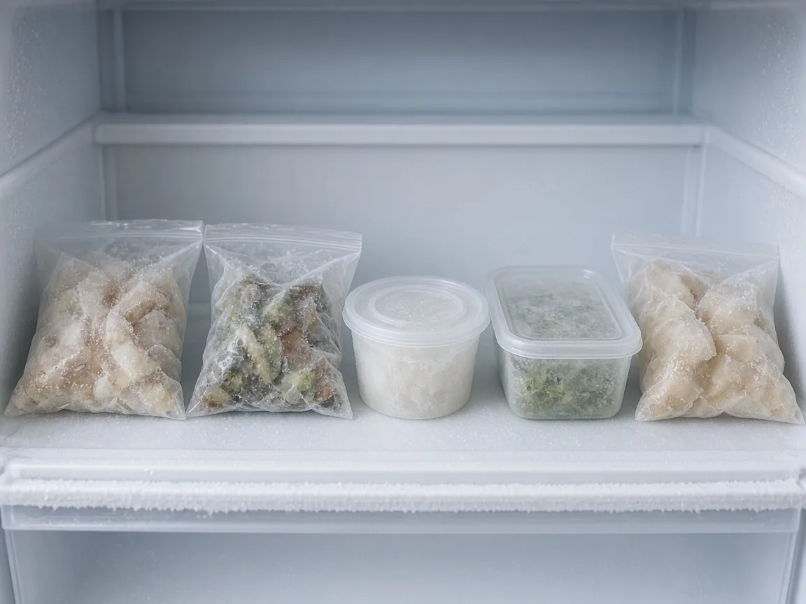 Five frozen packages in a single layer on a freezer shelf, with space between them