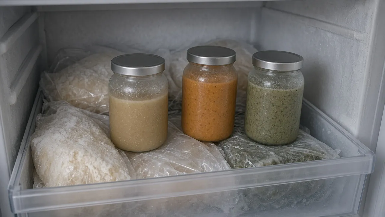 Three lidded glass jars of soup in a freezer drawer among frosted bags
