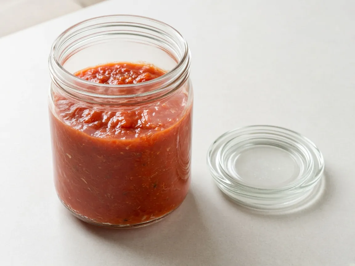 Tomato sauce below the rim of a glass jar, with a glass lid beside it