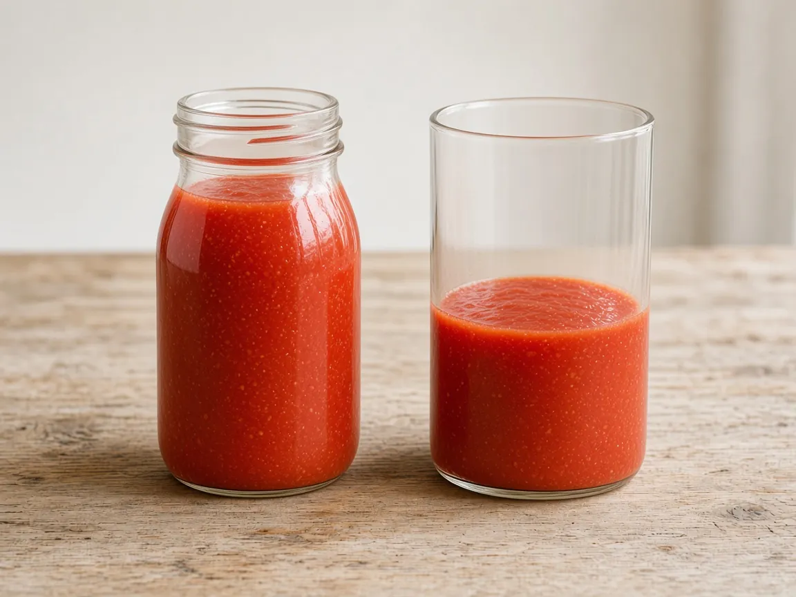A shouldered glass jar filled into the neck beside a straight-sided glass with sauce only in the lower half