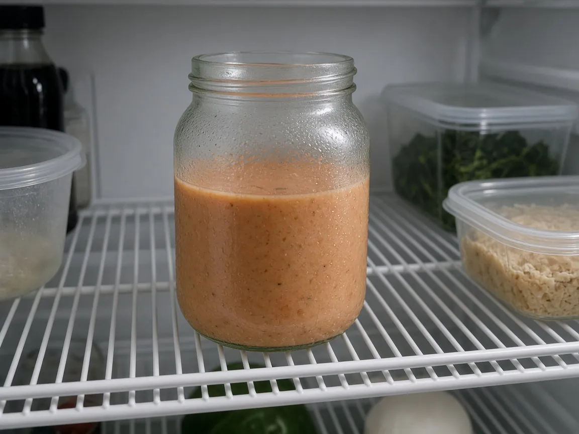 A glass jar of soup on a refrigerator shelf, with condensation on the glass