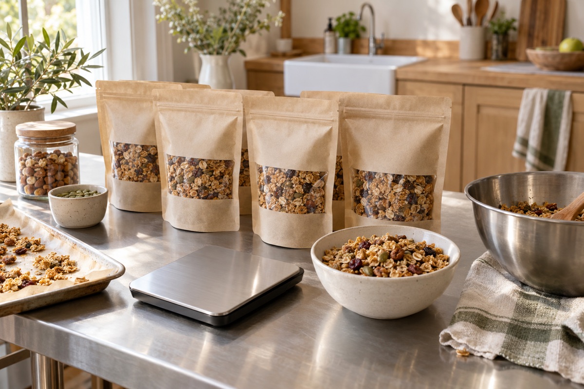 Row of sealed plain granola pouches on a steel table with a bowl of granola and kitchen scale