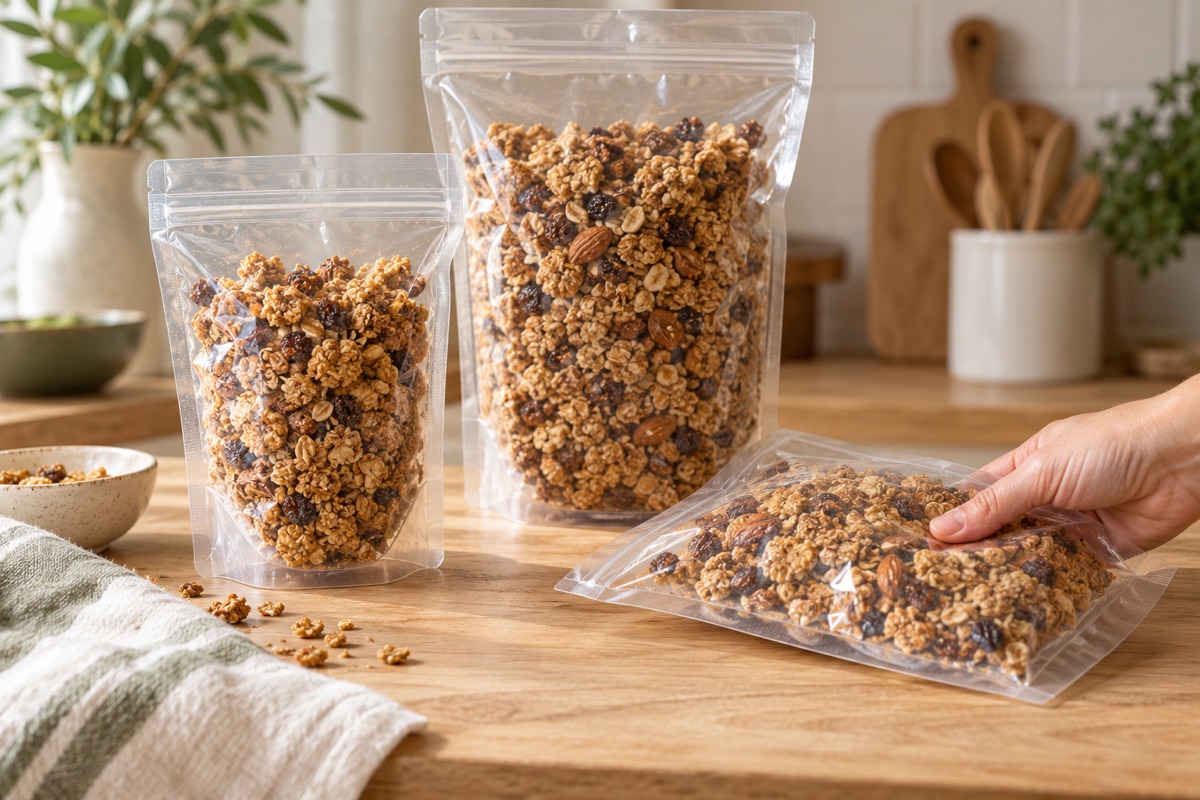 Three plain sample pouches in different sizes filled with granola on a table