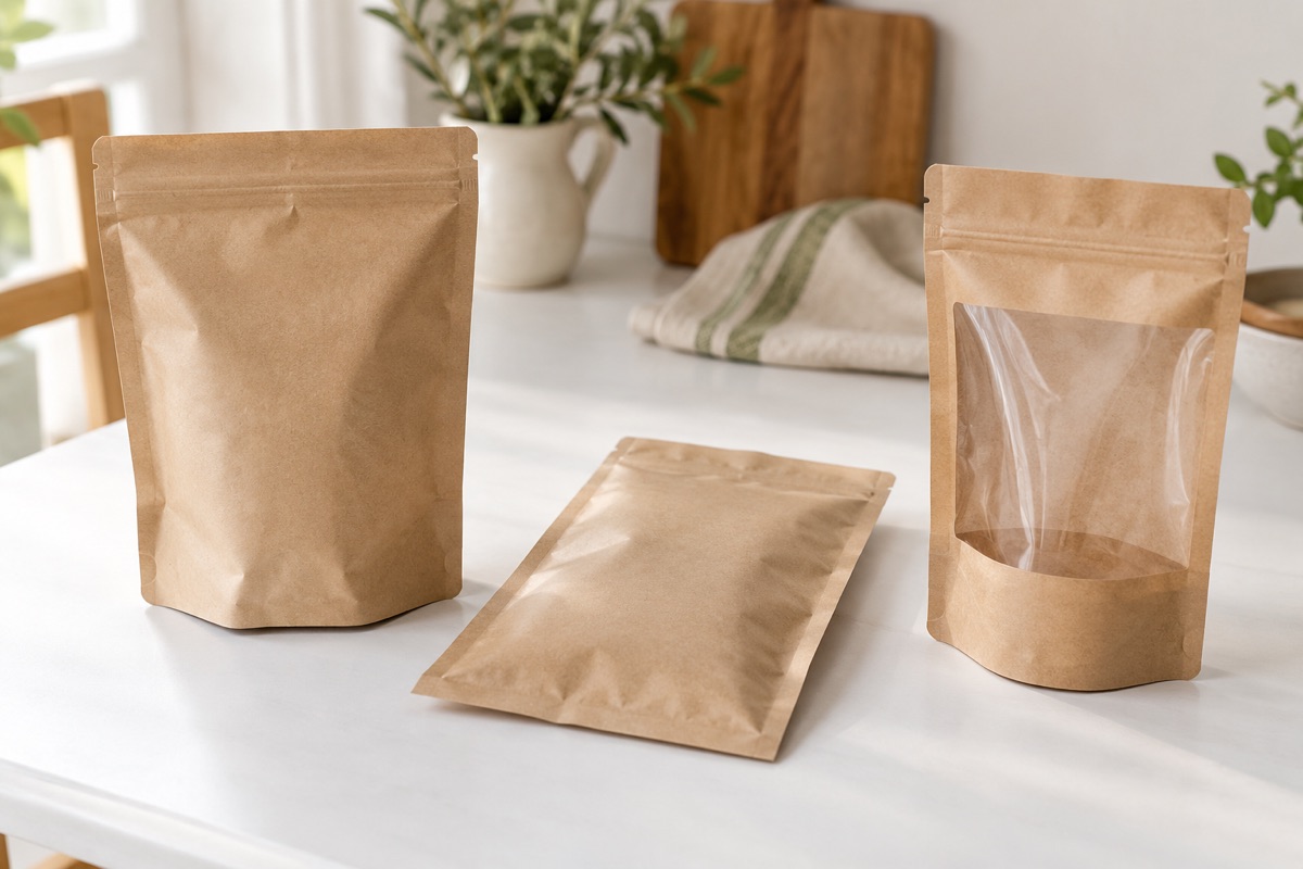 Three plain empty pouches: stand-up with base gusset, flat pillow style, and one with a clear window