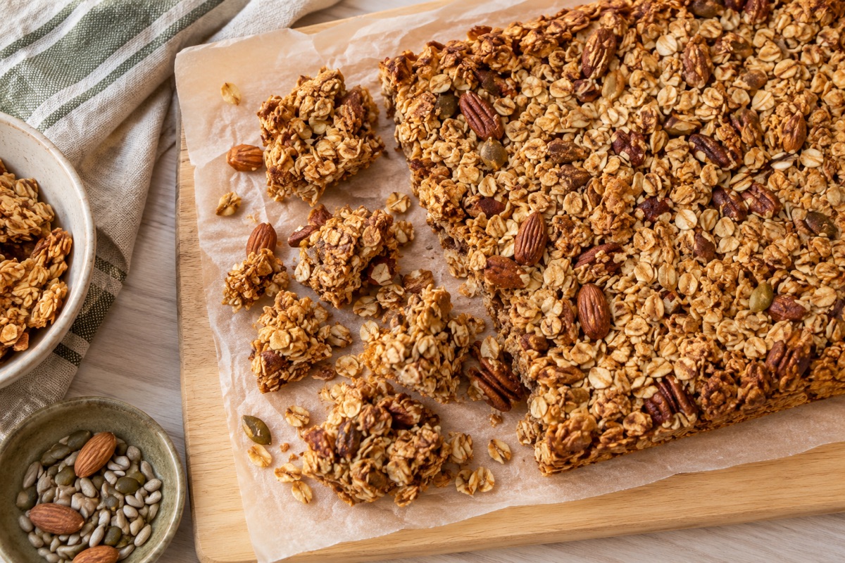 Cooled slab of baked granola broken into large golden clusters on parchment