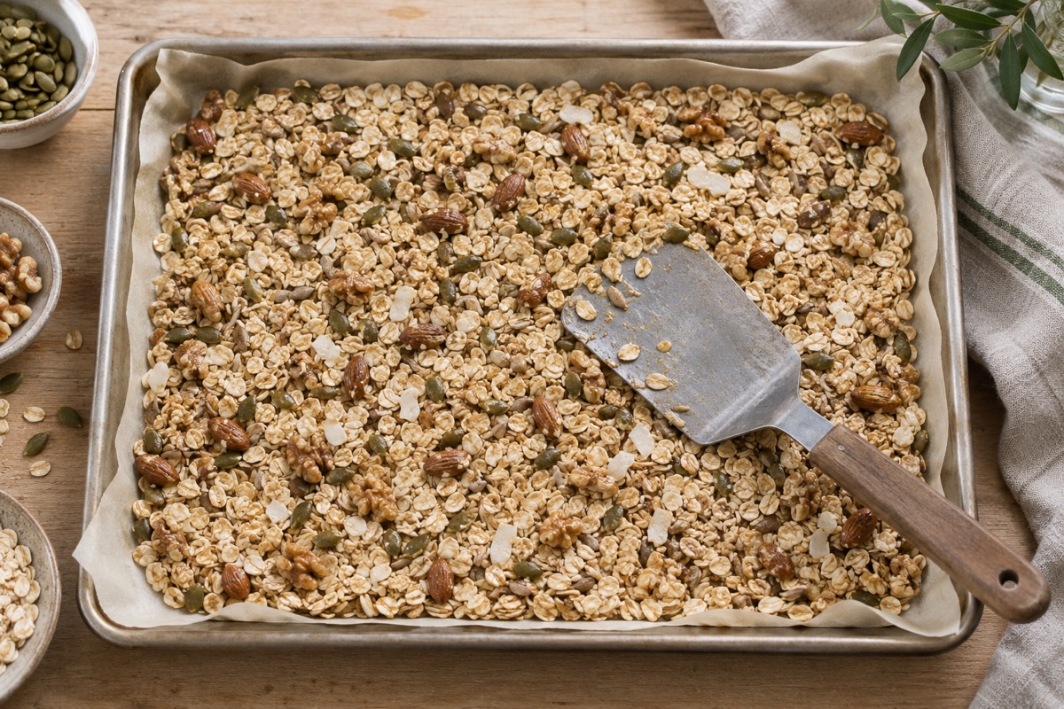 Baking sheet lined with parchment holding an even layer of oat mixture with a flat spatula