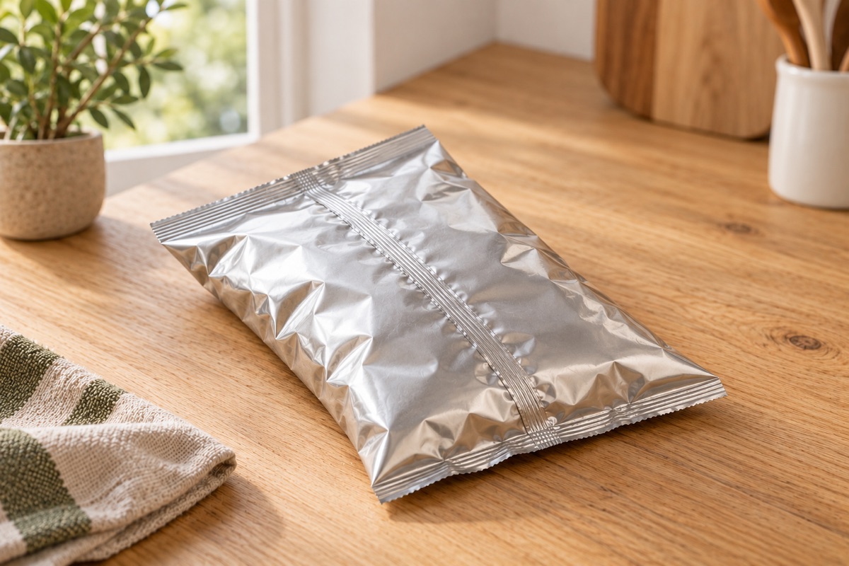 Plain silver snack bag puffed with air showing a crimped top edge and a back seam