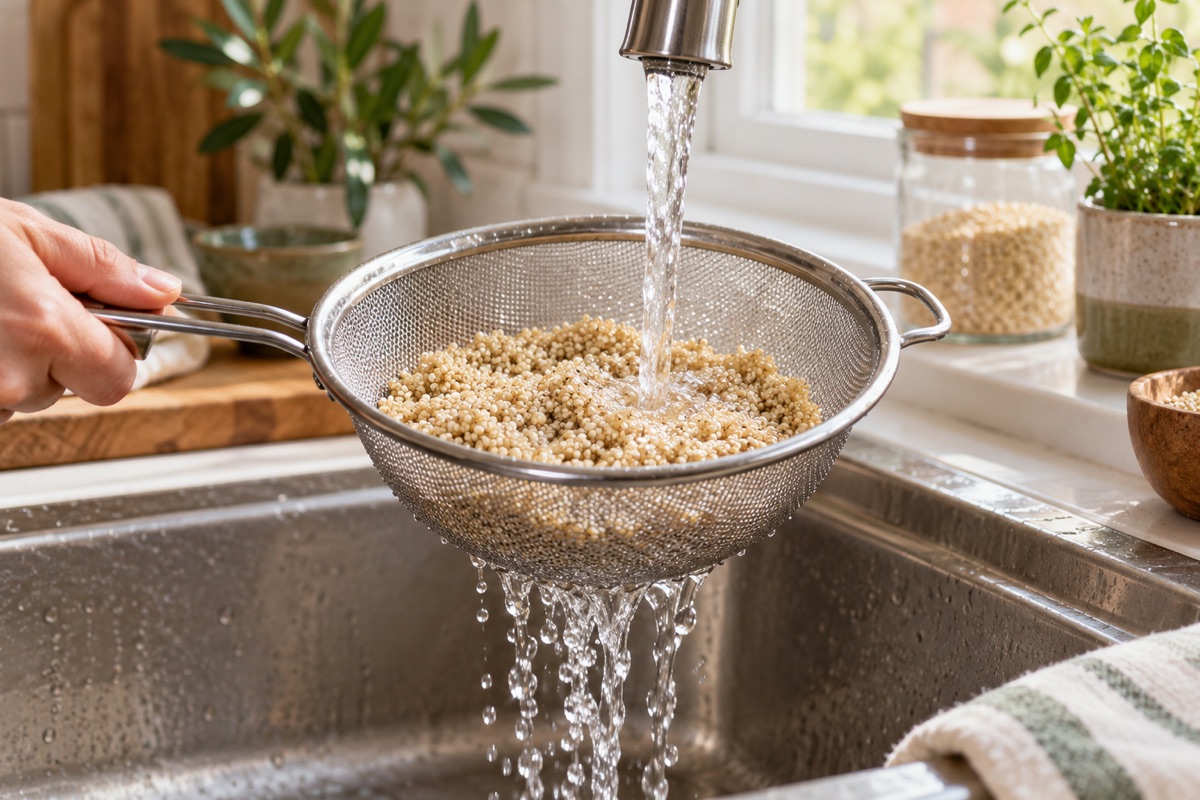 Fine-mesh strainer of uncooked quinoa being rinsed under running water in a sink