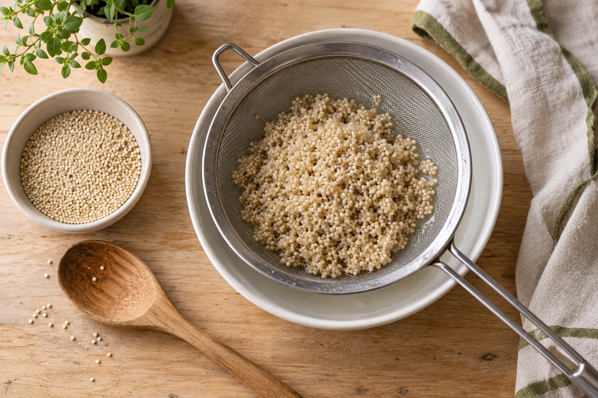 Fine-mesh strainer over a bowl holding damp quinoa beside a small bowl of dry quinoa