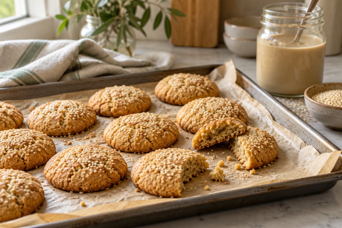 Tray of golden tahini cookies on parchment, some broken open, with a tahini jar behind