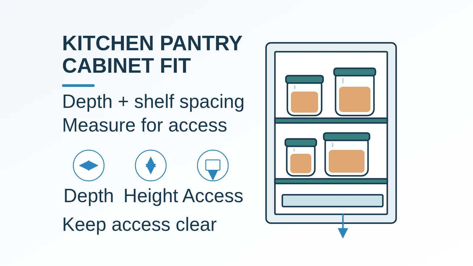 Original cabinet cutaway with shelf openings, a jar and a pull-out tray illustrating depth, height and access.