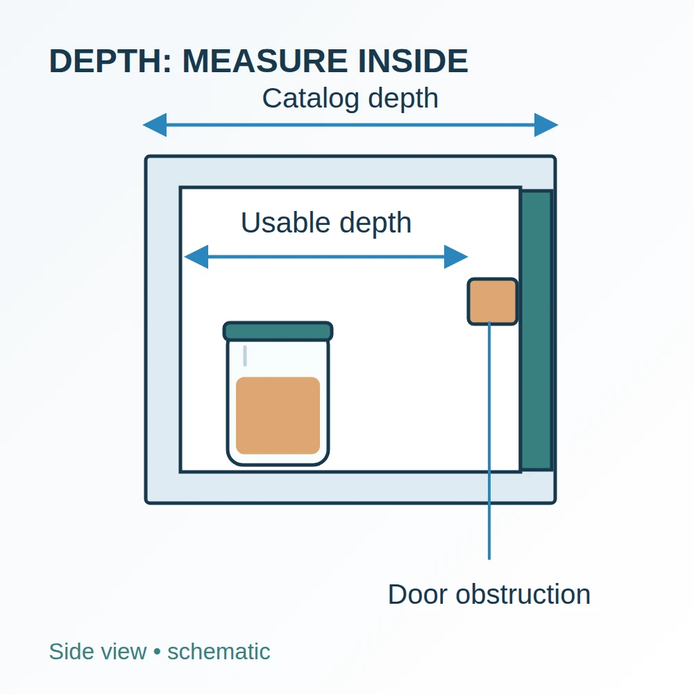 Side-view cabinet sketch distinguishing catalog depth outside the cabinet from usable depth between the back and door obstruction.