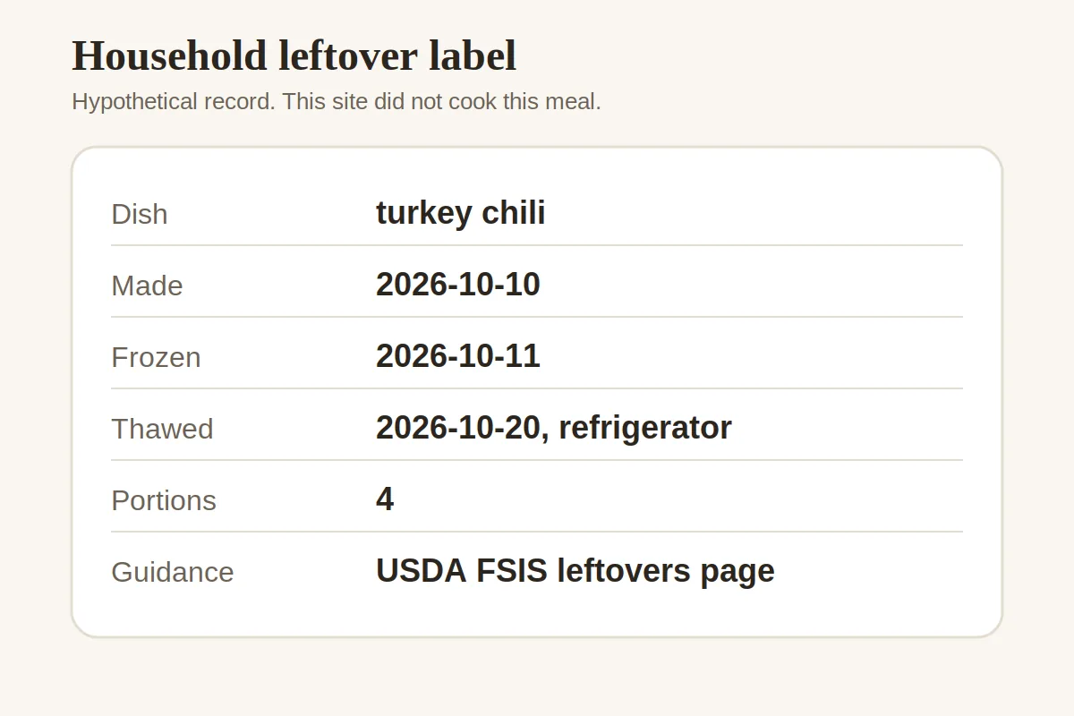Diagram of a household leftover label with dish, made, frozen, thawed, portions, and a USDA guidance line. The chili record is hypothetical.