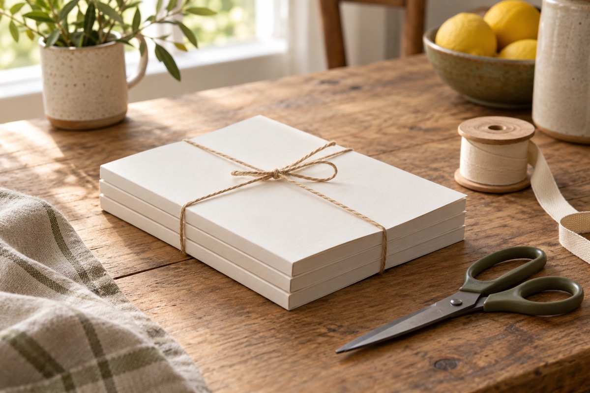 A stack of three plain softcover booklets tied with twine on a wooden table
