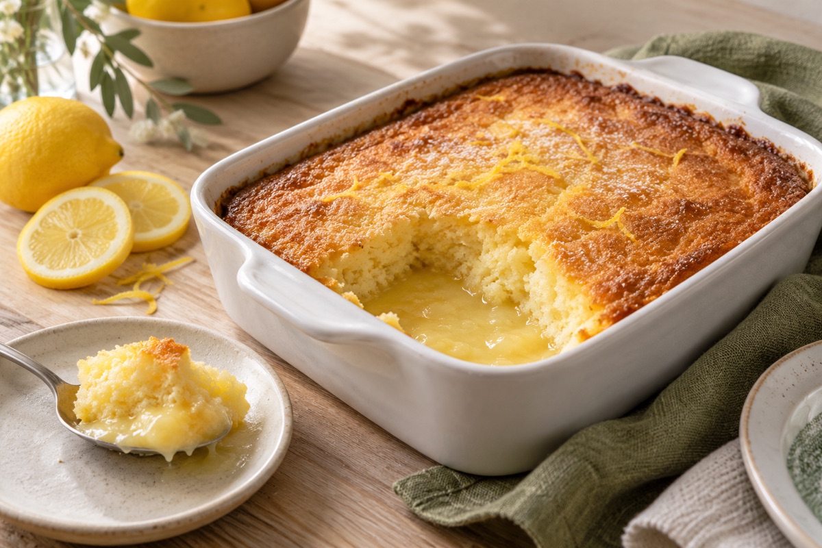 Lemon pudding cake in a white dish with a scoop taken out showing sponge over lemon sauce