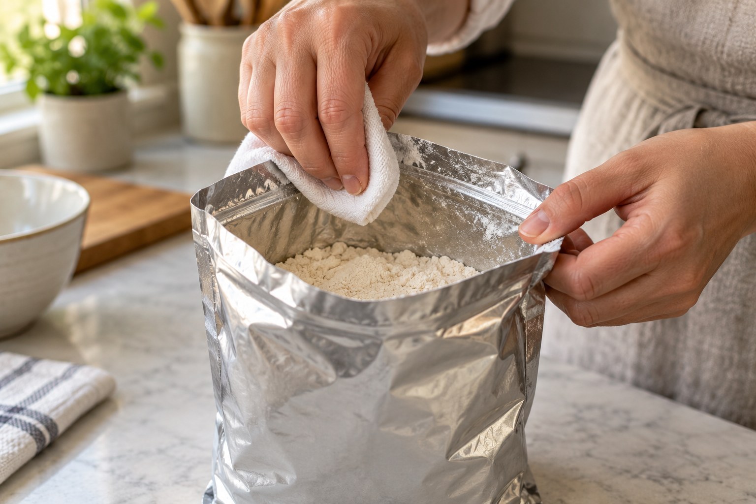 Wiping product dust from inside the seal area with a dry towel