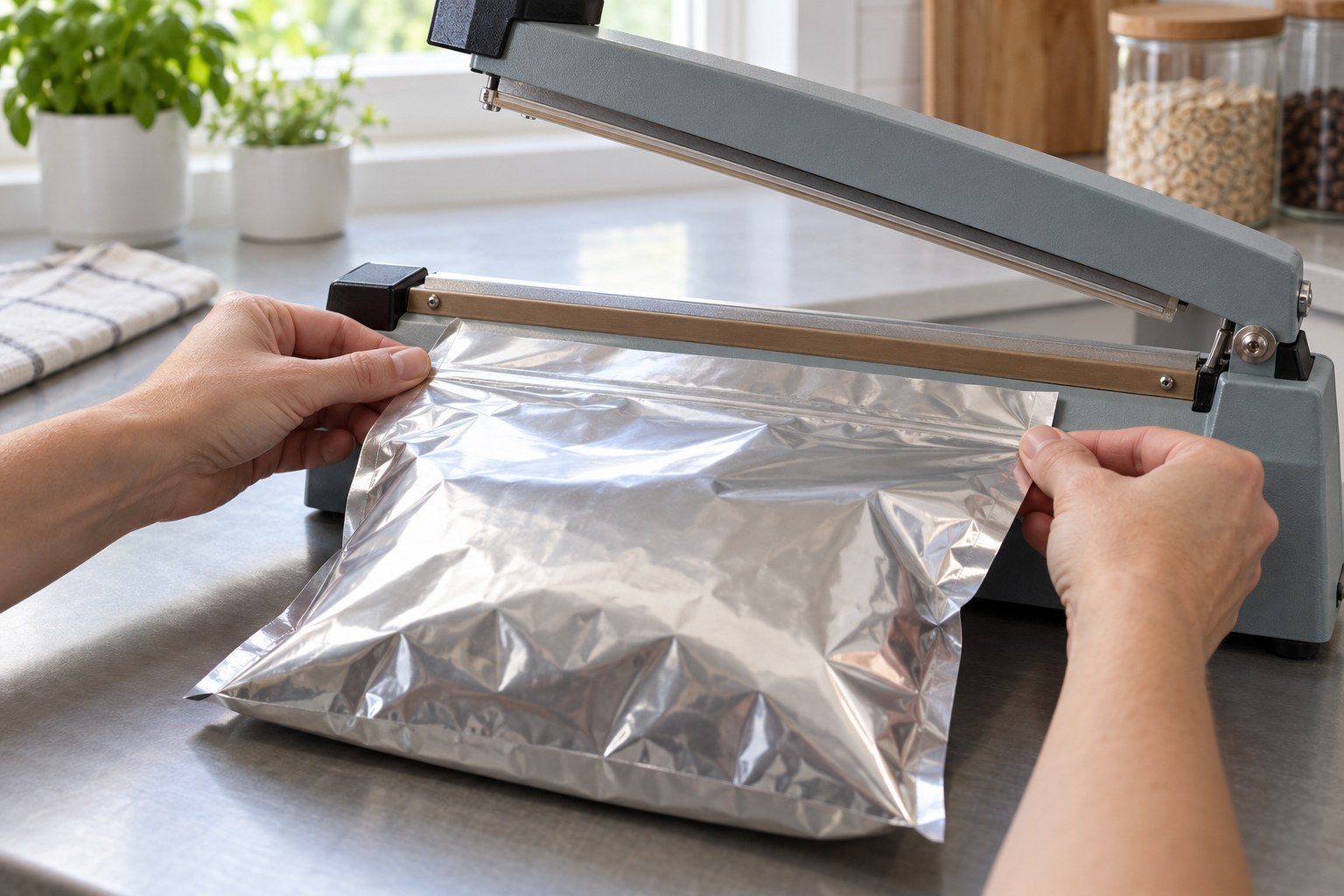 Stretching the pouch side seams outward to remove wrinkles before sealing