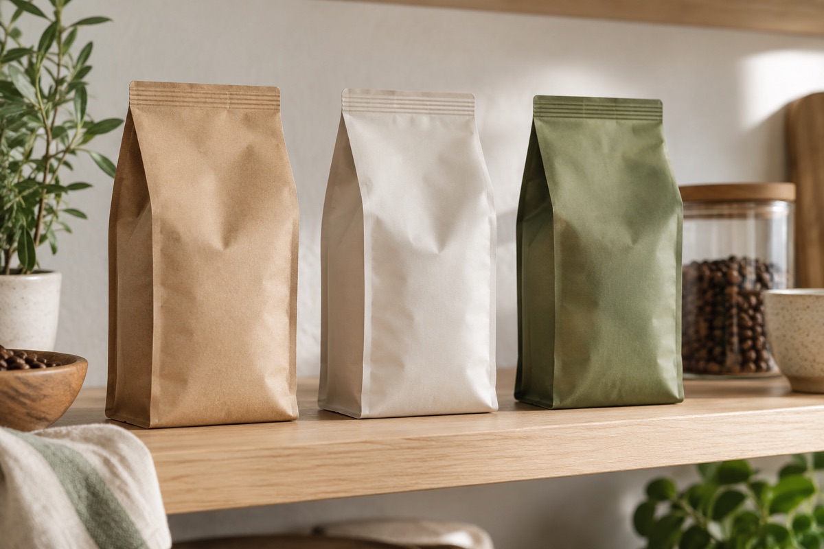 Three plain sealed coffee bags standing on a wooden shelf with flat crimped tops