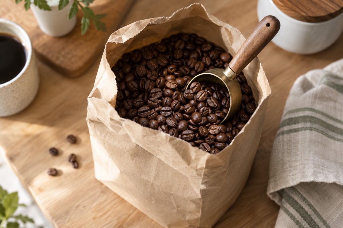 Opened plain coffee bag with whole roasted beans inside and a small scoop at the edge