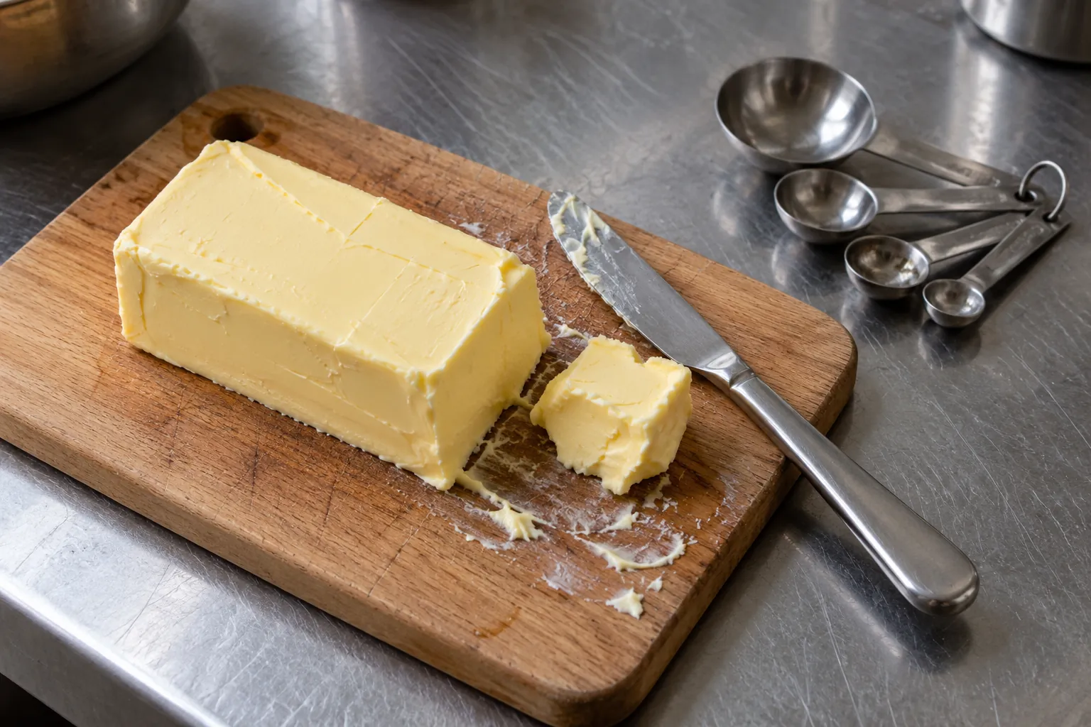 An unwrapped block of pale yellow butter on a scarred wooden board with a knife and a cut lump beside plain stainless-steel measuring spoons