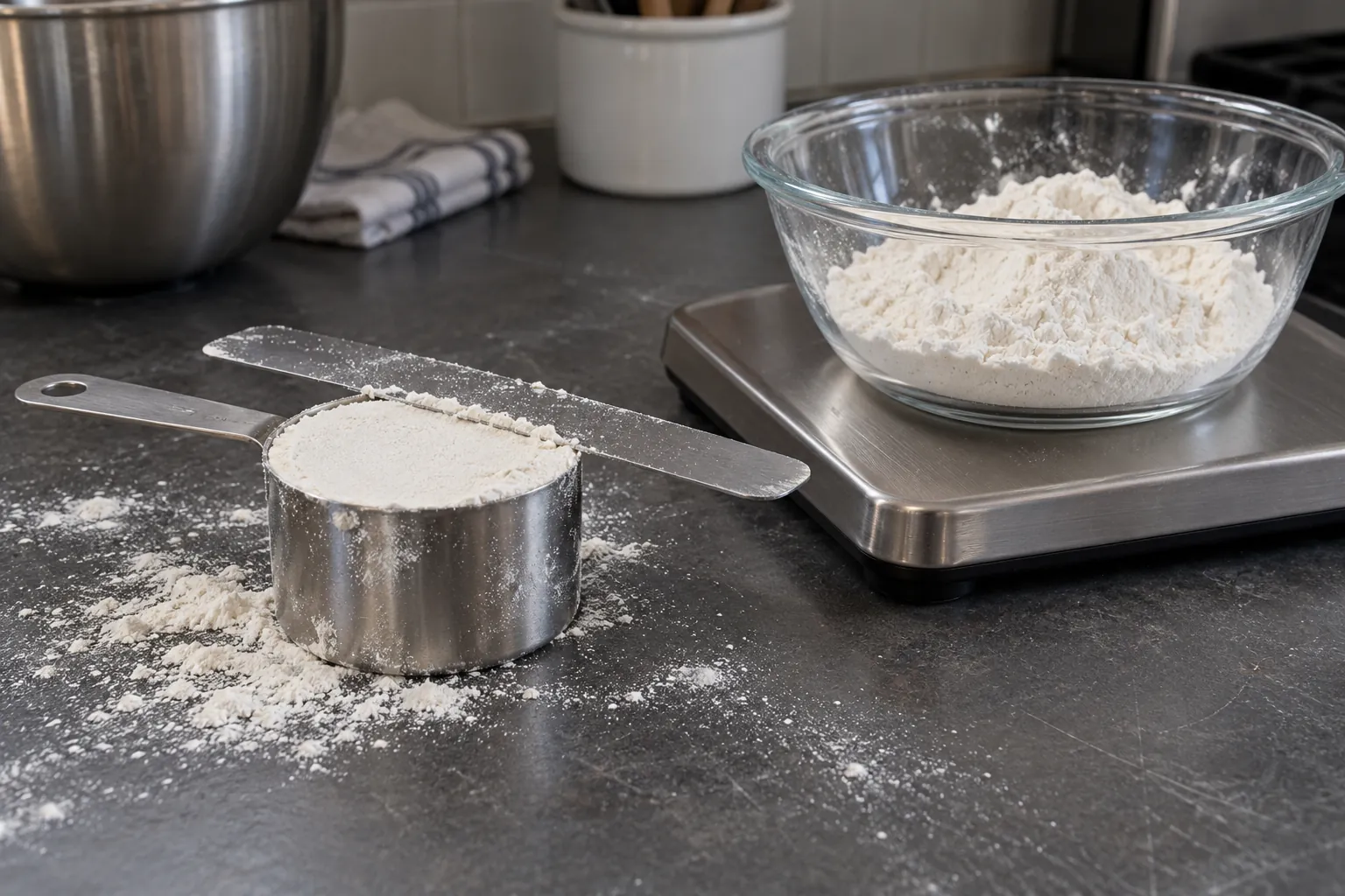 A brushed stainless-steel dry measuring cup filled level with white flour and a metal spatula across the rim beside a glass bowl on a kitchen scale platform