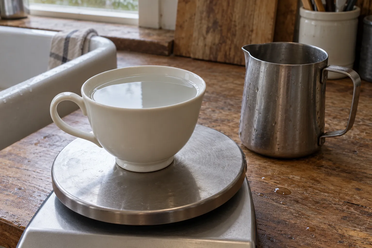 A plain vintage white porcelain teacup filled with clear water sitting on the round metal weighing pan of a kitchen scale next to a small steel pitcher