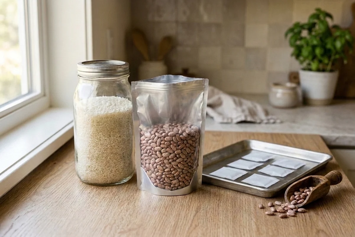 Dry food storage containers, a foil pouch, and oxygen absorber packets on a kitchen counter