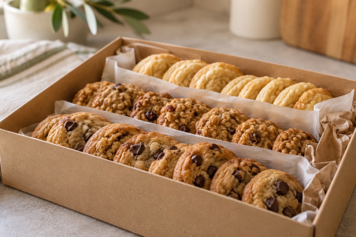 Cookies stacked in a box with parchment between layers and paper filler filling a gap