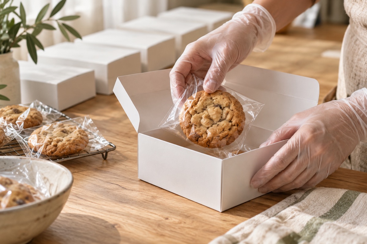 Gloved hands placing a wrapped cookie into a plain white box with a row of boxes behind