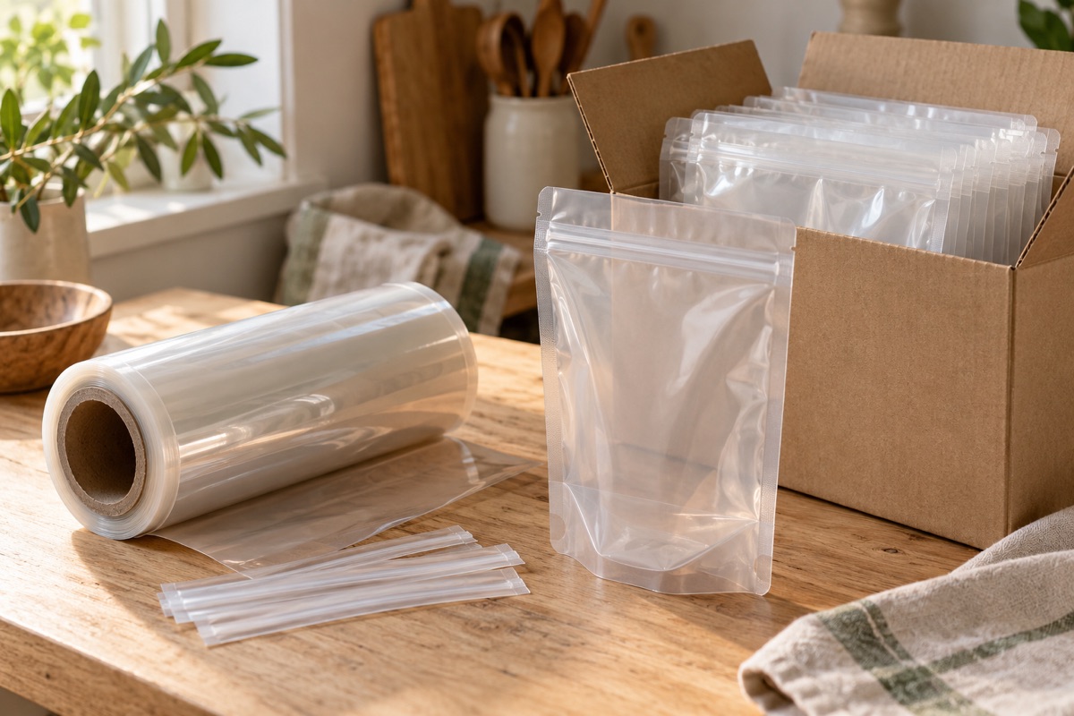 A box of empty stand-up pouches next to a roll of clear film on a worktable